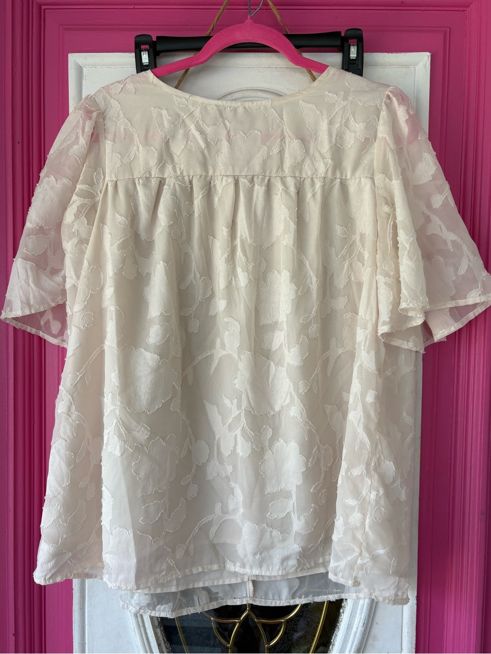 Cream Floral Jacquard Short Sleeve Blouse